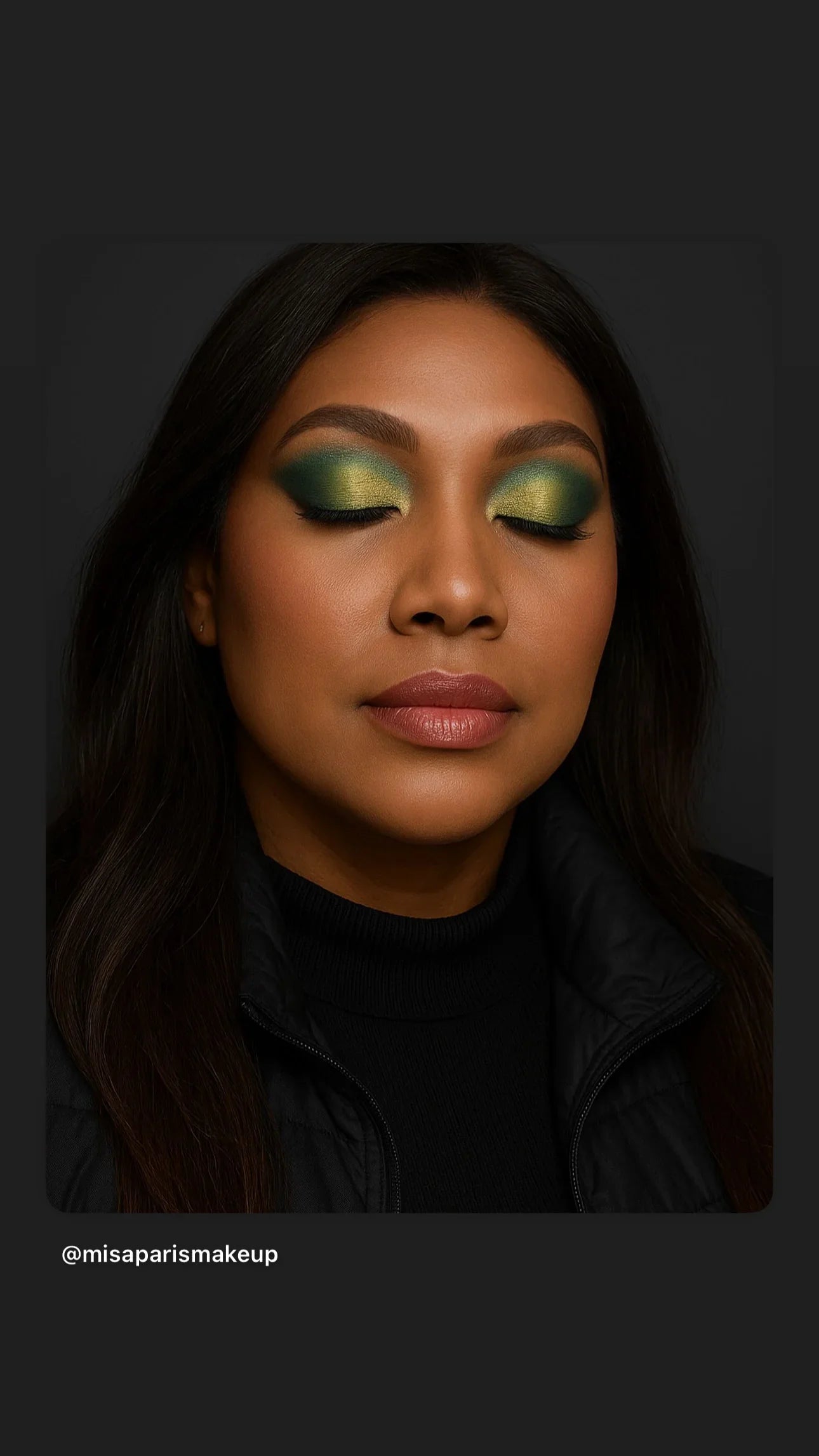 Woman with glam green and gold eye makeup and nude lipstick by MisaParis Makeup