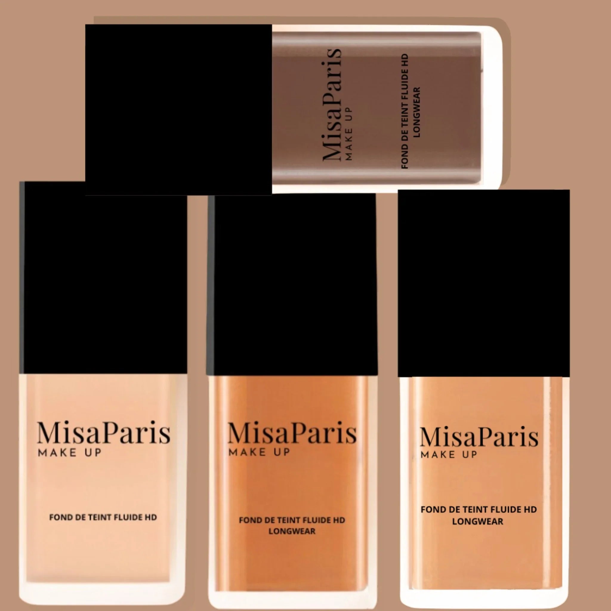 MisaParis Makeup HD longwear liquid foundation bottles in multiple shades on beige background
