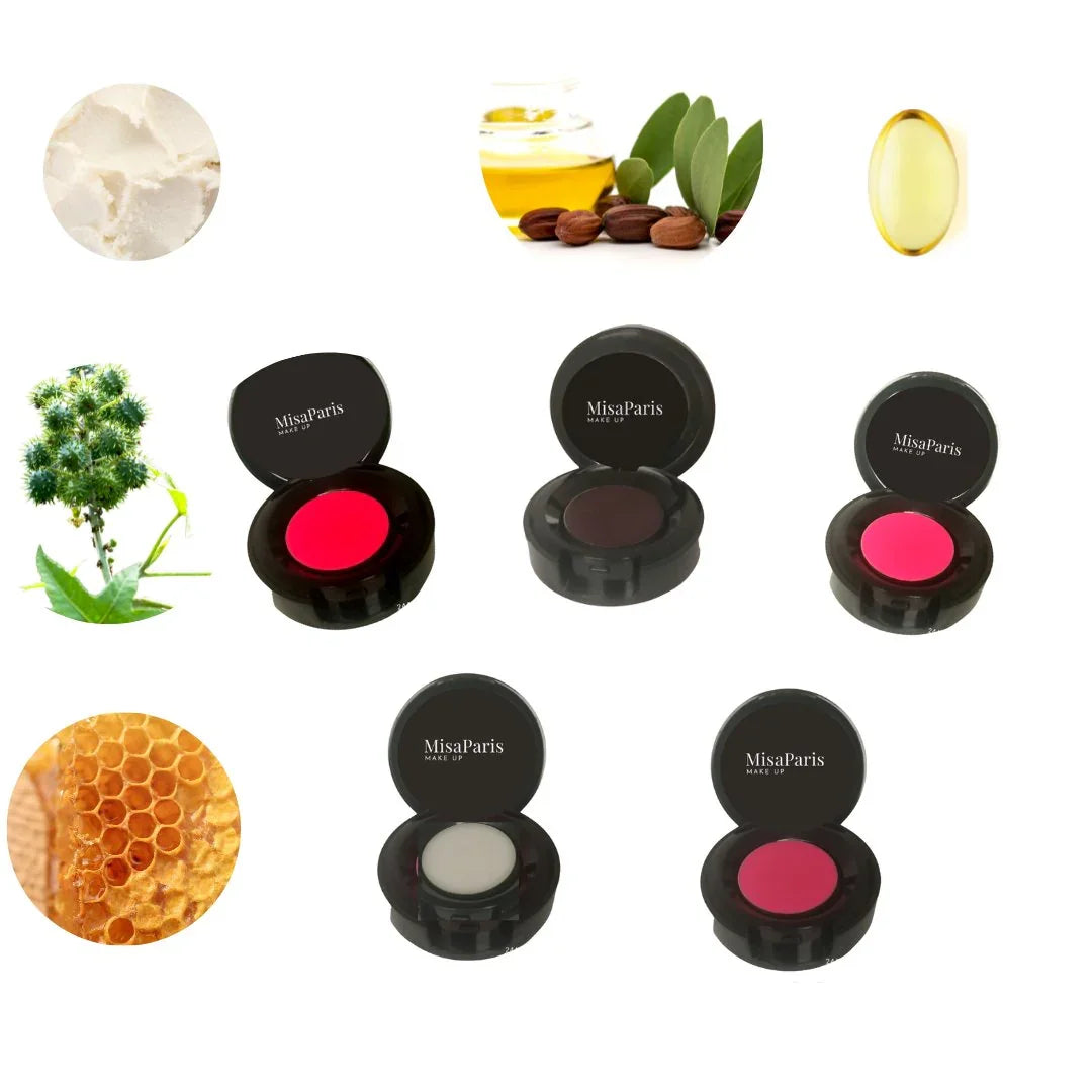 MisaParis Makeup lip products with natural ingredients like beeswax, castor, and oils on white background