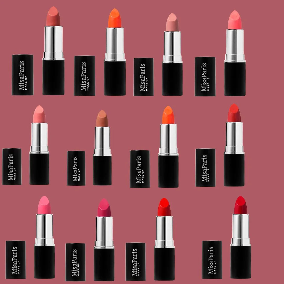 MisaParis Makeup velvet matte lipsticks in assorted shades on a mauve background