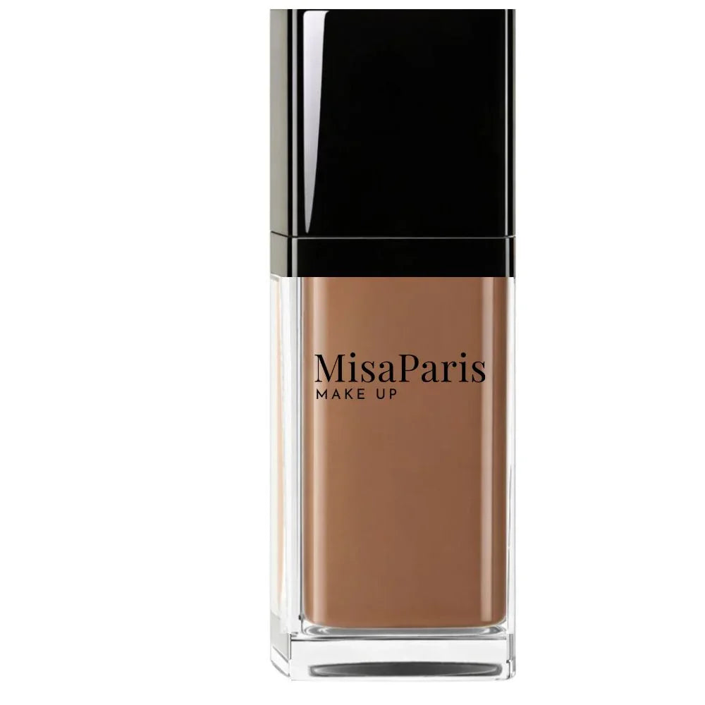 MisaParis longwear foundation bottle with black cap on white background, Parisian makeup