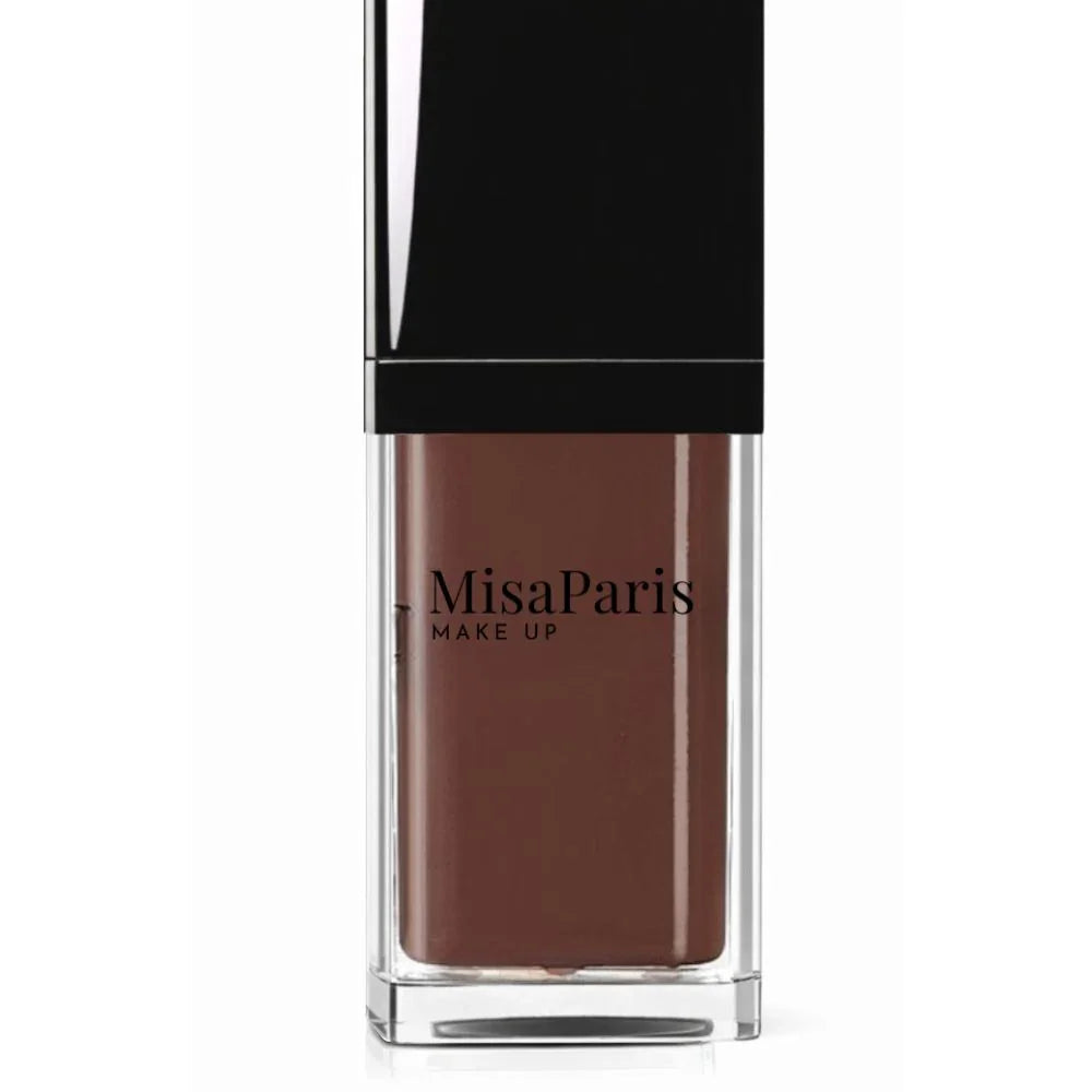 MisaParis Makeup brown liquid foundation in a clear bottle with black cap