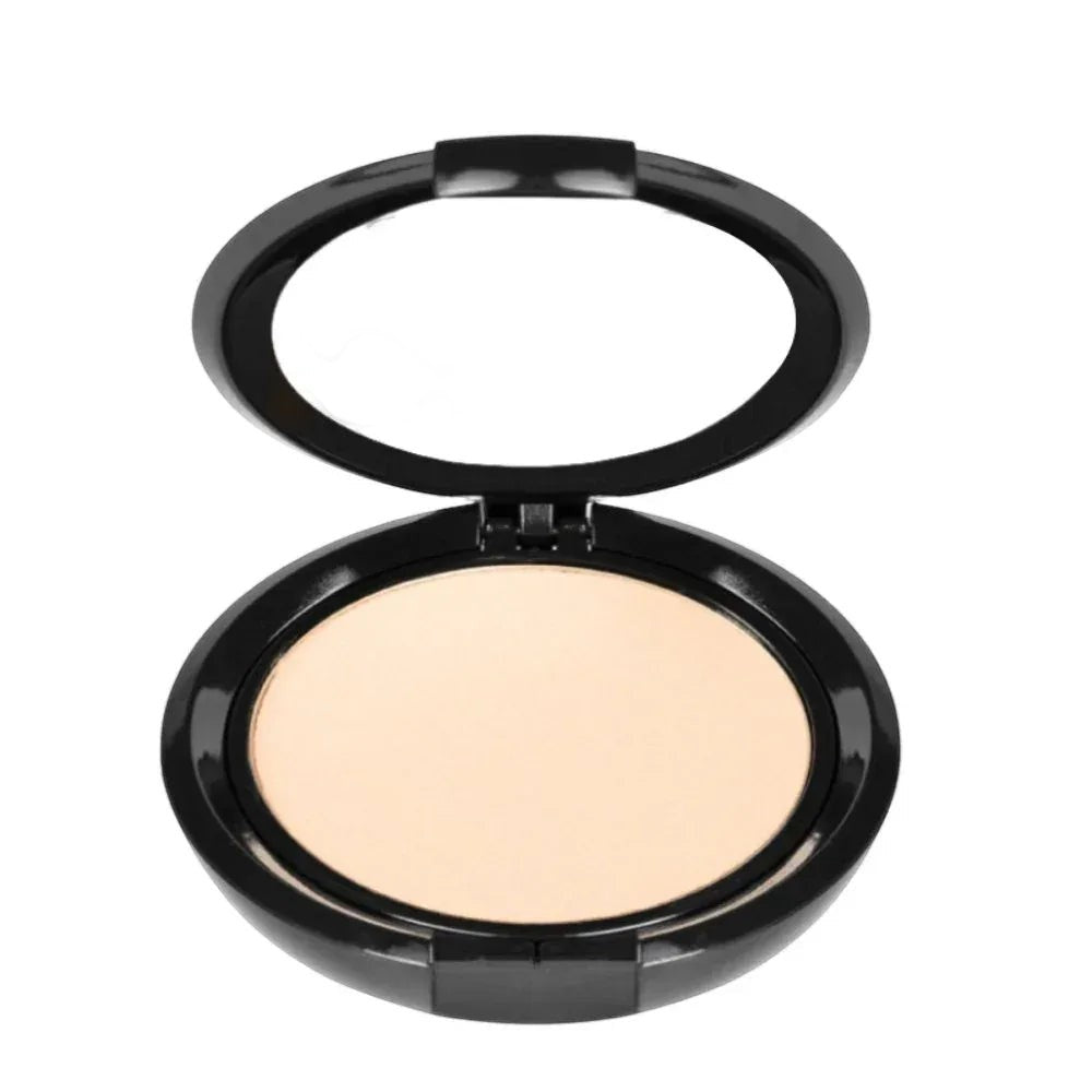 MisaParis Makeup natural HD compact powder in a light beige shade with a matte finish in a black compact case with a mirror.