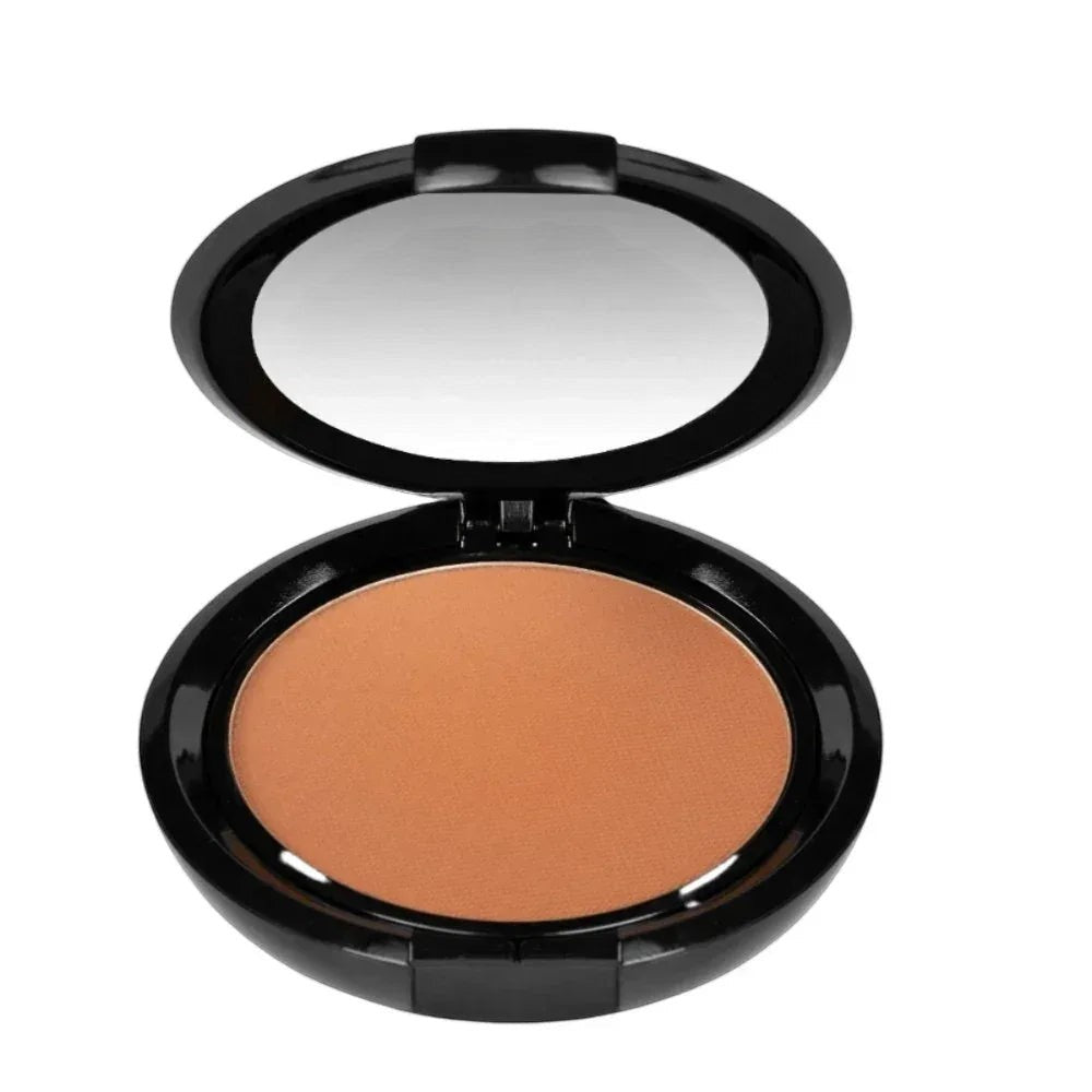 MisaParis Makeup natural HD compact powder in a warm medium shade with a matte finish, in a black compact with mirror.