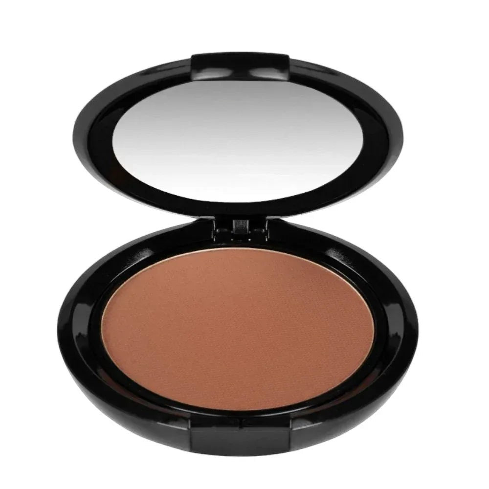 MisaParis Makeup natural HD compact powder in a medium warm tone with a matte finish in a black compact with mirror.