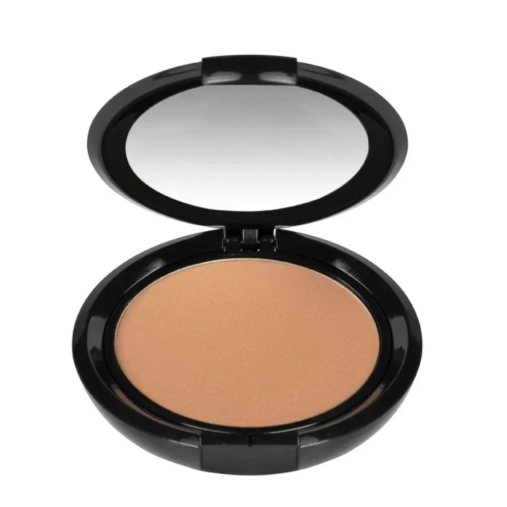 MisaParis Makeup natural HD compact powder in a medium tan shade with a matte finish in a black compact case with a mirror.