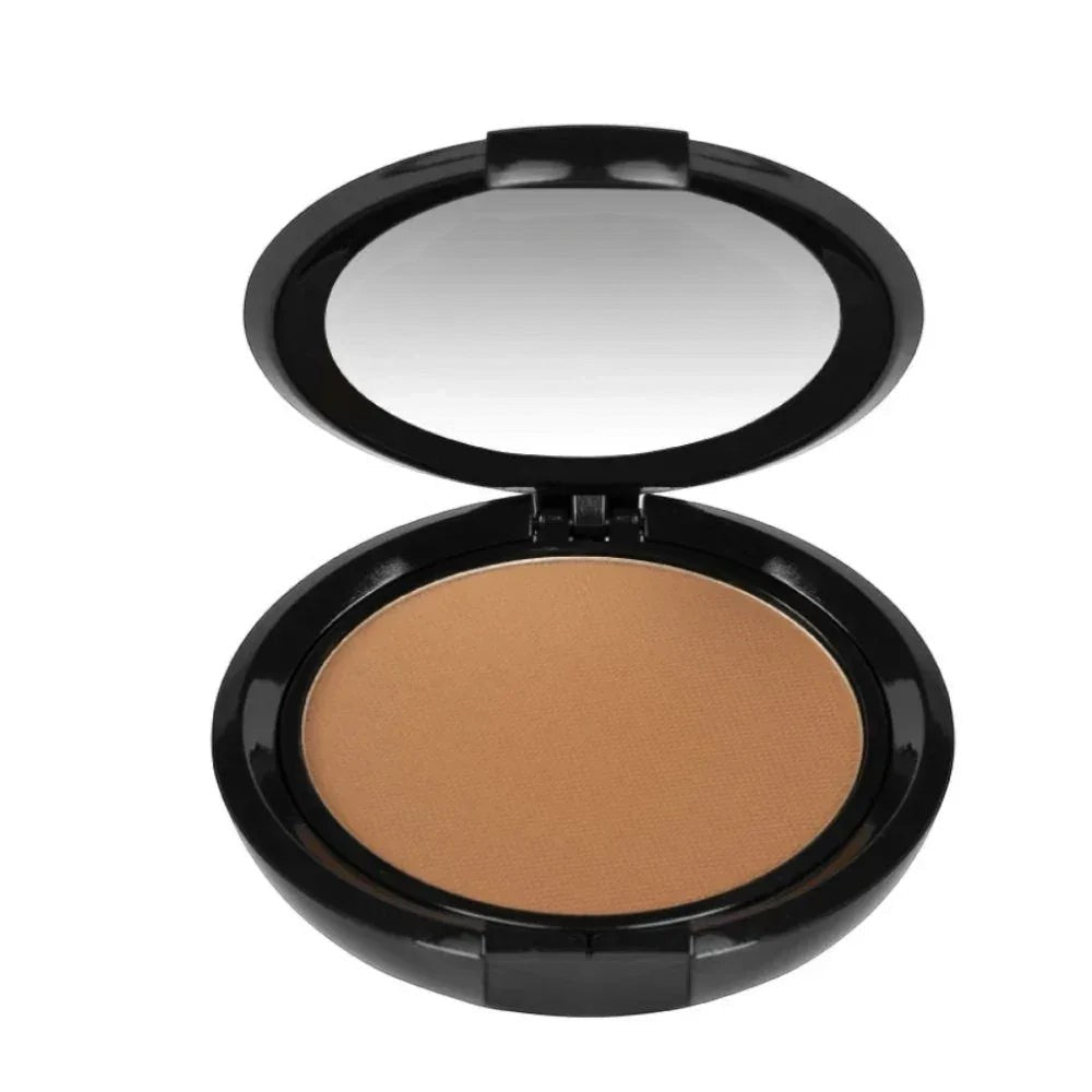 MisaParis Makeup natural HD compact powder in a medium tan shade with a matte finish, in a black compact case with a mirror.